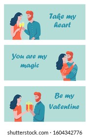 Set of Valentine's day cards. A couple in love hugs, gives gifts and drinks champagne. A man with a red beard and a woman with dark hair. Flat vector illustration.