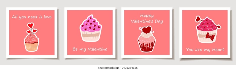 Set of Valentine's day cards with Valentine's Day cupcake. Love, Valentine's Day