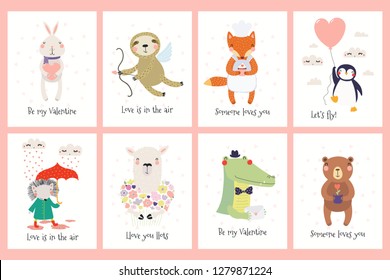 Set of Valentines day cards with cute funny animals, hearts, text. Hand drawn vector illustration. Scandinavian style flat design. Concept for children print.