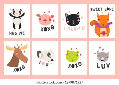 Set of Valentines day cards with cute funny animals, hearts, text. Hand drawn vector illustration. Scandinavian style flat design. Concept for children print.