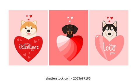 A set of Valentine's Day cards with cute dogs. Cartoon design
