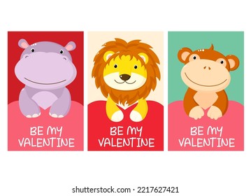 Set of Valentine's day cards with cute animal - hippo, monkey, lion. Baby collection of gift tag with animal. Template holiday banner, sticker for decoration, congratulation, invitation. Vector EPS8