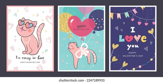 Juego de tarjetas de San Valentín con adorables elementos dibujados a mano.Ilustración vectorial para postales, afiches, cupones, material promocional.