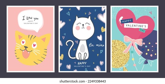 Set of Valentines Day cards with cute hand drawn elements.Vector illustration for postcards,posters, coupons, promotional material.