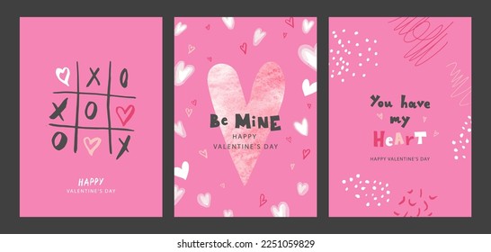 Juego de tarjetas de San Valentín con adorables elementos dibujados a mano.Ilustración vectorial para postales, afiches, cupones, material promocional