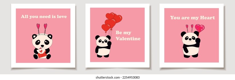 Set of Valentine's day cards Set of Cute little sitting pandas holds hearts. Love, Valentine's Day.	