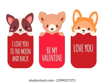 Set of Valentine's day cards with cute dogs. Baby collection of gift tag with animal. Template holiday banner, sticker for decoration, congratulation, invitation. Vector illustration EPS8