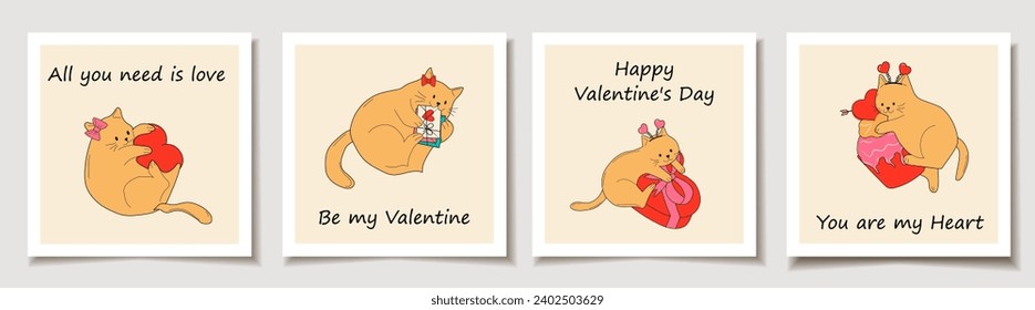 Set von Valentinstag Karten Cute Katzen mit Valentiner Dekoration. Liebe, Valentinstag