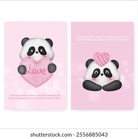 Set of Valentine's day cards with cute panda in watercolor style . greeting card .