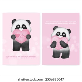 Set of Valentine's day cards with cute panda in watercolor style . greeting card .