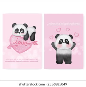 Set of Valentine's day cards with cute panda in watercolor style . greeting card .