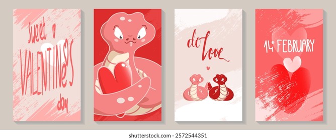 A set of Valentine's Day cards with cute kissing snakes and love phrases in doodle style in shades of red. Vector illustration. Simple, minimalistic holiday cards.