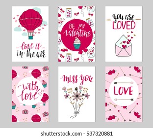Set of Valentine's day cards. Cute festive templates with hand lettering and elements.