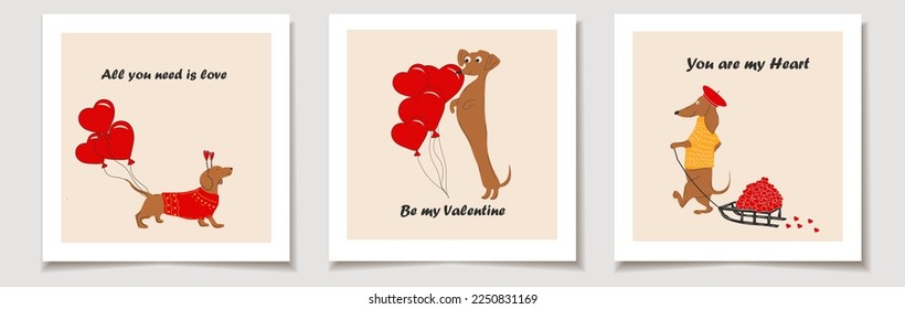 Set of Valentine's day cards with Dachshunds dogs pulls a hearts, valentines on a sleigh and decorate balloons in the shape of a heart. Love, Valentine's Day.	