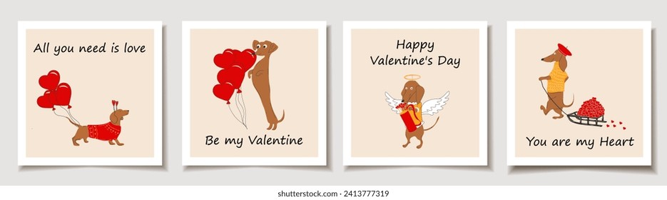 Set of Valentine's day cards with Dachshunds dogs pulls a hearts. Love, Valentine's Day svg