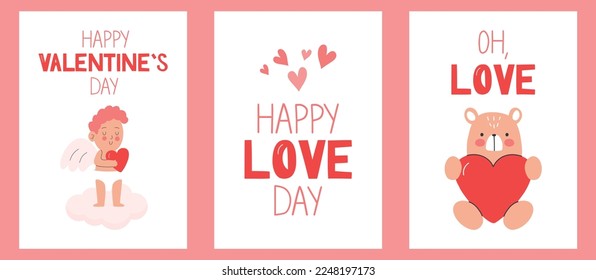 Set of valentine's day cards. Drawn posters and greeting cards. Vector greeting cards for Valentine's Day with illustrations in flat style.