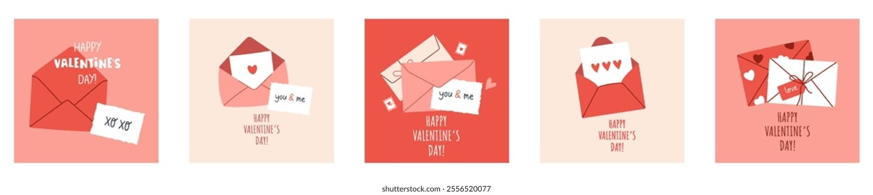 Set of Valentines Day cards with envelope and hearts. Flat vector romantic elements with love letter, envelope and hearts. Vector flat illustration in hand drawn style. Simple, minimalistic