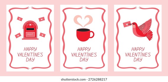 Eine Reihe von Valentinstag-Karten mit Umschlägen, ein Briefkasten, ein fliegender Vogel mit einem Brief im Schnabel und eine Kaffeetasse mit einem herzförmigen Rauch. Vektorvorlagen für Einladungen und Karten.