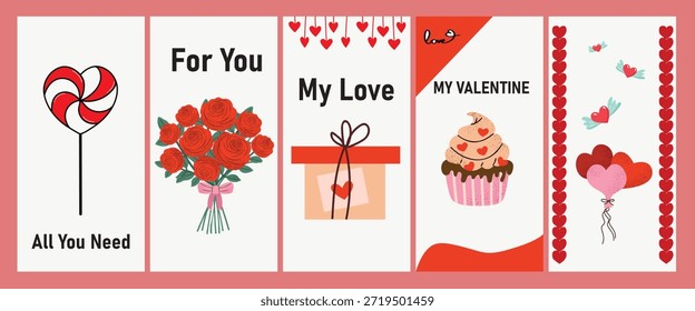 Un conjunto de tarjetas de San Valentín con dulces, flores y mensajes románticos para los seres queridos.