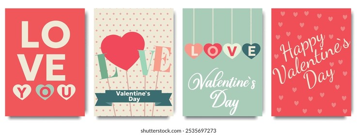 Set of Valentine's Day cards. Festive design with hearts, line arts and modern typography. Template for ads, branding, banner, cover, label, poster print