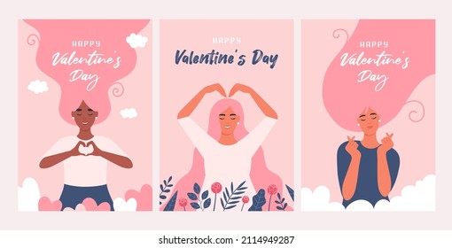 Set of Valentines day cards. Flat vector illustration for flyers, invitation, banner, mobile apps.