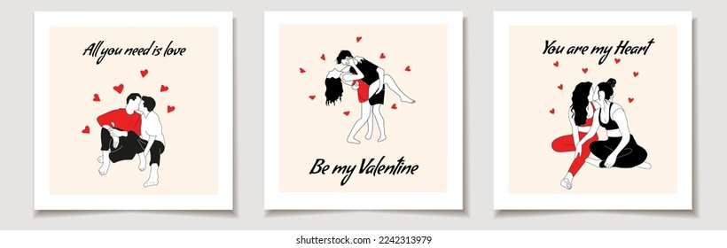 Set of Valentine's day cards with Gay couple in love, Lesbian couple in love,couple boy and girl in love. Love and education concept. Vector illustration