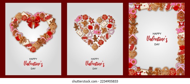 set of valentine's day cards with gingerbread cookies