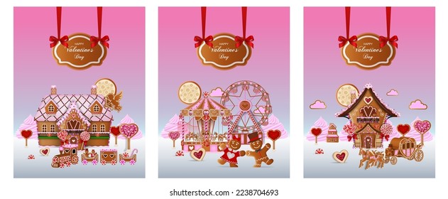 set of valentine's day cards with gingerbread cookies. collection of valentine backgrounds with gingerbread landscape