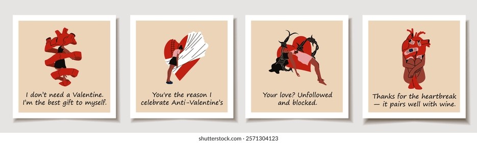 Set of Valentine's day cards. Girls with a broken heart. Anti Valentine's day concept. Sarcastic captions