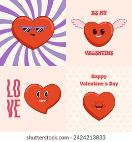 Set of Valentine's Day cards. Groovy lovely hearts retro greeting cards set. Hippie retro vintage Valentine's day posters in 70s 80s style