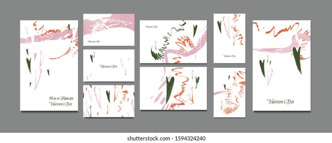 Set of Valentine's day cards with hand written greeting pastel delicate shades with watercolor strokes with lines