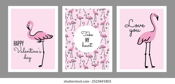 Set of Valentine's day cards with hand drawn pink flamingo, Valentines dae template