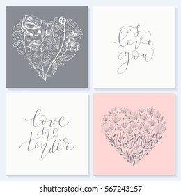 Juego de tarjetas de San Valentín. Flores dibujadas a mano y caligrafía. Citas sobre amor.