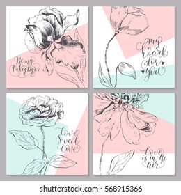 Set of Valentine's Day cards. Hand drawn flowers and calligraphy. Quotes about love.