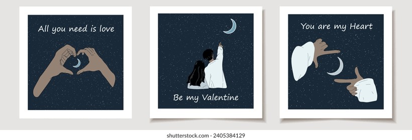 Juego de tarjetas de San Valentín con las manos mostrando el corazón en la noche de la luna. Amor, Día de San Valentín