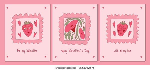 Set of Valentine's Day cards with hearts, strawberries, and floral frames. Hand-drawn typography in playful, romantic themes. Flat vector illustration for celebration and branding.