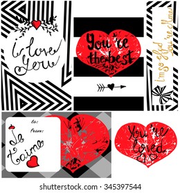 Set of Valentines day cards with hearts, lettering and abstract background. Stock vector