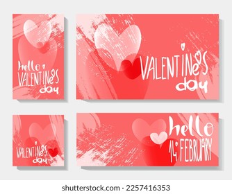 Set of Valentine's Day cards with inscription "Valentine's day" and hearts in doodle style in shades of pink and red. Vector illustration. Simple, minimalistic, holiday cards.