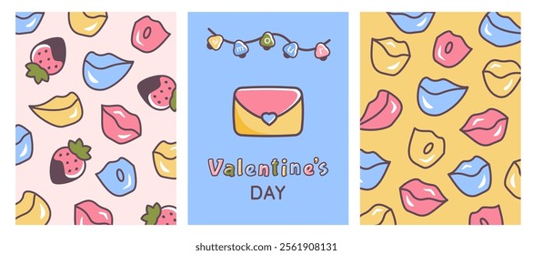 Set of Valentine's day cards. Kissing lips, strawberry, love message, colour light with bells. Valentine elements. Doodle hand drawn illustration for party, holiday design template. Vector