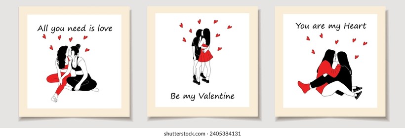 Set of Valentine's day cards with Lesbian couple in love.. Love, Valentine's Day