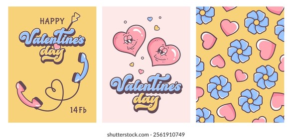 Set of Valentine's day cards. LGBT love couples. Homosexual love. Retro valentine posters in 60s 70s cartoon style. Groovy Cute hearts, phone calls, flowers and hearts pattern. Vector illustration