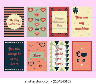 Set of Valentine's Day cards in light pink, dark pink, dark blue, light green and beige colors. Prints of stripes, hearts, I love you, triangles, etc. Vector.