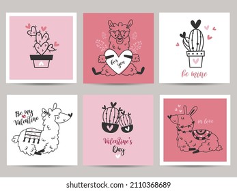 Set of valentines day cards with llama.