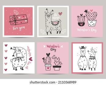 Set of valentines day cards with llama.