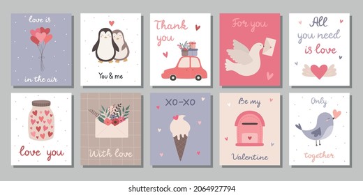 A set of Valentine's Day cards. Love elements: balloons, couple of penguins, car with gifts, carrier pigeon, lettering, jar with hearts, envelope, bird, ice cream, mailbox. Vector illustration