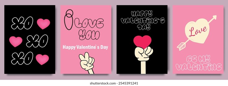 Set of Valentines day cards with love messages, hearts, and romantic symbols. Templates for celebration, ads, branding, banner, cover, label, poster, sales