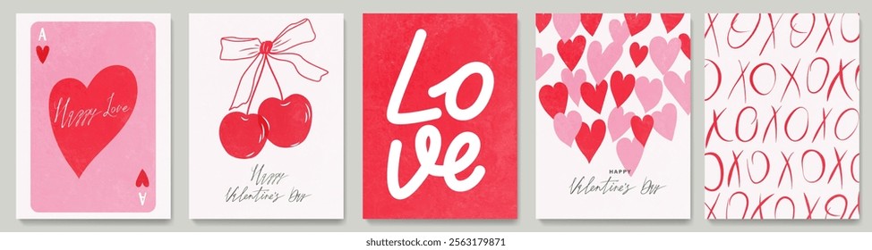 Set of Valentine's Day cards in a modern style. Festive greeting posters with hearts, cherries, text for invitations, social networks, print, packaging, cover, branding.