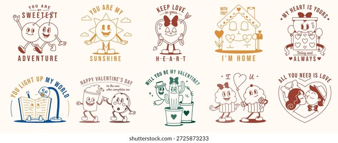 Un conjunto de tarjetas de San Valentín con comillas. Personajes de dibujos animados lindos en el amor. Ilustraciones románticas de estilo vintage.