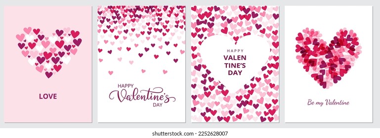 Set of Valentine's day cards. Red and pink hearts pattern, frame. Heart symbol made of hearts. Hand written Valentine calligraphy. For Valentine's Day banners, gift tags, party flyers, sale designs.