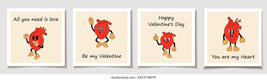 Set of Valentine's day cards with  Red hearts cute mascots with happy face in retro comic style. Love, Valentine's Day